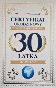 KARNET CERTYFIKAT URODZINOWY 30 URODZINY MĘSKIE