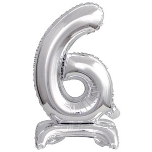 BALON FOLIOWY MINI CYFRA 6 NA STOJAKU SREBRNA