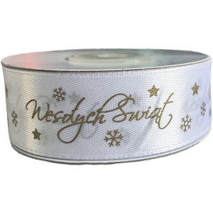 WSTĄŻKA SATYNOWA WESOŁYCH ŚWIĄT 25MM BIAŁA