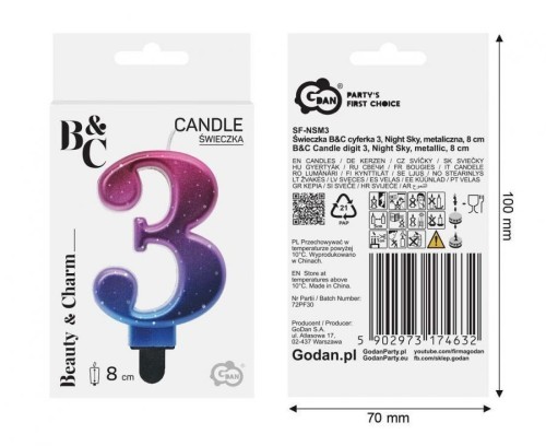 Świeczka B&C cyferka 3 Night Sky metal 8cm