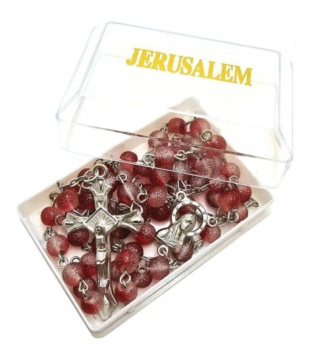 Różaniec jerozolimski biało/czerwony w pudełku