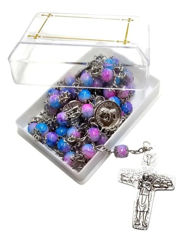 Różaniec niebiesko-różowy w pudełku ze świętymi