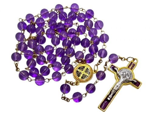 Różaniec szklany św. Benedykt fioletowy