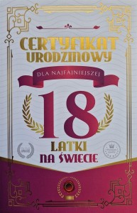 KARNET CERTYFIKAT URODZINOWY 18 URODZINY DAMSKIE