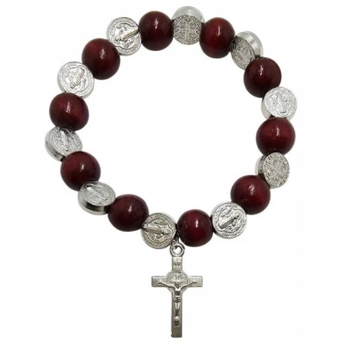 Różaniec Benedykt krzyż bordo na gumce
