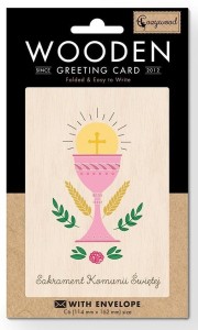 KARNET DREWNIANY C6 KOMUNIA KIELICH RÓŻ + KOPERTA