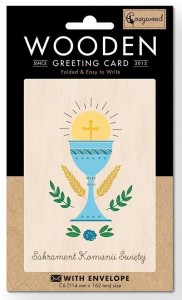 KARNET DREWNIANY C6 KOMUNIA KIELICH + KOPERTA