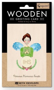 KARNET DREWNIANY C6 KOMUNIA CHŁOPIEC + KOPERTA