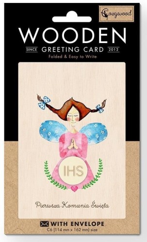 Karnet drewniany C6 Komunia dziewczynka + koperta