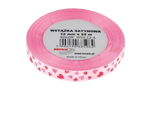 WSTĄŻKA SATYNOWA SERCA RÓŻOWA 12MMX22M