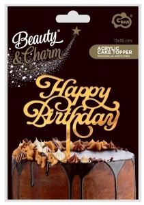 DEKORACJA AKRYLOWA NA TORT HAPPY BIRTHDAY ZŁOTA