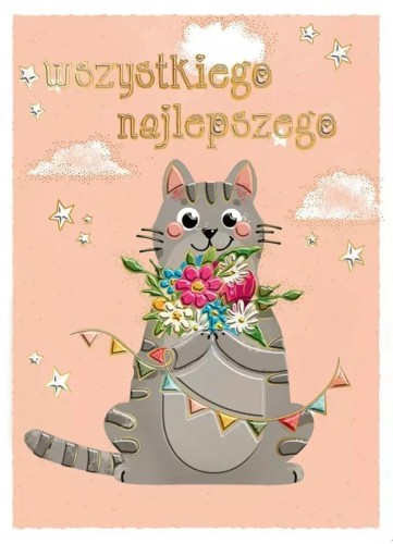 Karnet B6 Kot z bukietem brzoskwinia