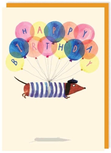 Karnet 267 Urodziny Latający jamnik z balonami