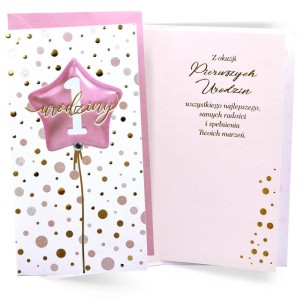 KARNET URODZINY ROCZEK BALON RÓŻOWY, KUKARTKA