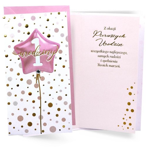 Karnet Urodziny Roczek balon różowy, Kukartka