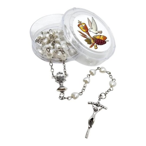 Różaniec komunijny biały serduszko z pudełkiem