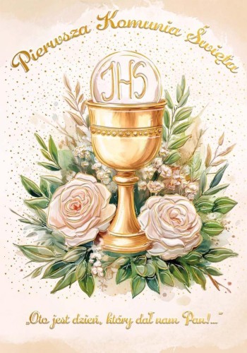 Karnet A5 Komunia Kielich w różach