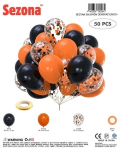BALONY CZARNE, POMARAŃCZOWE, KONFETTI 50SZT
