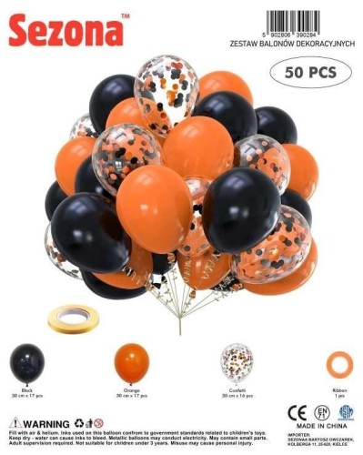 Balony czarne, pomarańczowe, konfetti 50szt
