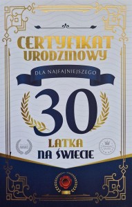 KARNET CERTYFIKAT URODZINOWY 30 URODZINY MĘSKIE