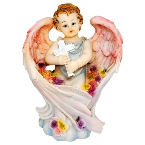 FIGURKA ANIOŁ RÓŻOWY Z KRZYŻEM 18CM
