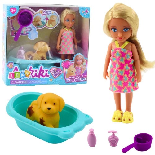 Lalka z pieskiem, wanną i akcesoriami, Leantoys