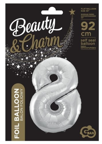 Balon foliowy cyfra 8 Beauty&Charm srebrna 92cm
