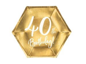 TALERZYKI 40TH BIRTHDAY ZŁOTE 20CM 6SZT