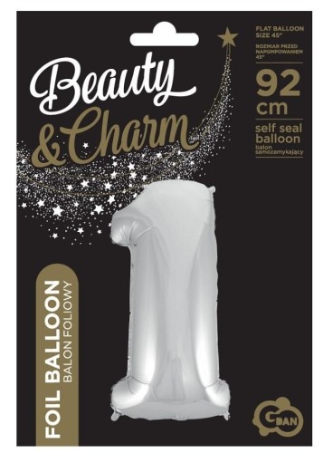 Balon foliowy cyfra 1 Beauty&Charm srebrna 92cm
