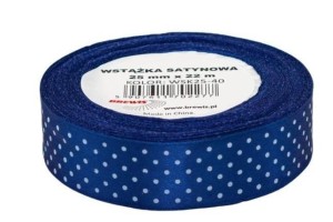 WSTĄŻKA SATYNOWA W KROPKI NIEBIESKA 25MMX22M