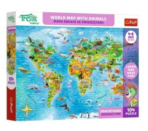 PUZZLE 104 TREFLIKI MAPA ŚWIATA ZWIERZĘTA TREFL