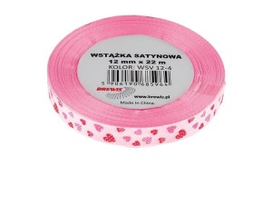 WSTĄŻKA SATYNOWA SERCA RÓŻOWA 12MMX22M