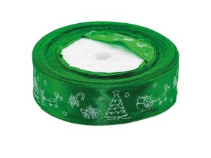 WSTĄŻKA SATYNOWA Z MOTYWEM ŚWIĄTECZNYM 25MMX22M