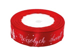 WSTĄŻKA SATYNOWA Z MOTYWEM ŚWIĄTECZNYM 25MMX22M
