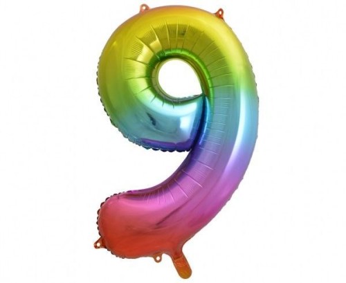 Balon foliowy B&C cyfra 9 tęczowa 85 cm