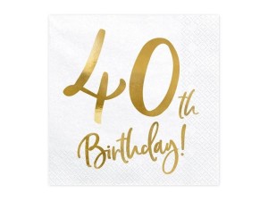 SERWETKI 40TH BIRTHDAY BIAŁE 33X33CM 20SZT