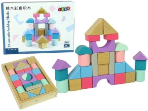 DREWNIANE KLOCKI PASTELOWE ZAMEK 28EL, LEANTOYS