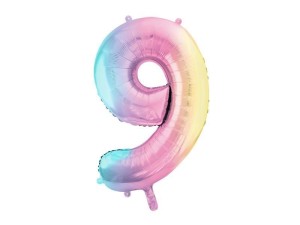 BALON FOLIOWY CYFRA 9 86CM PASTEL TĘCZOWY