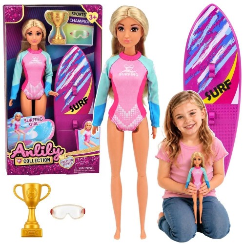 Lalka Anlily Surferka w kombinezonie z deską